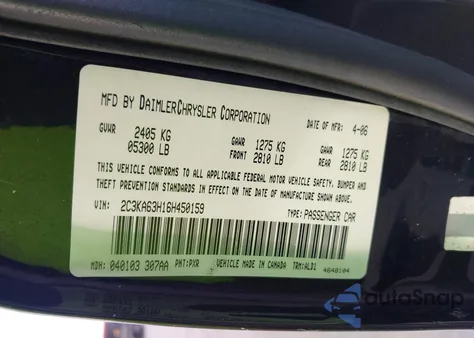 2006 Chrysler 300C z USA, uszkodzony, nr VIN 2C3KA63H16H450159